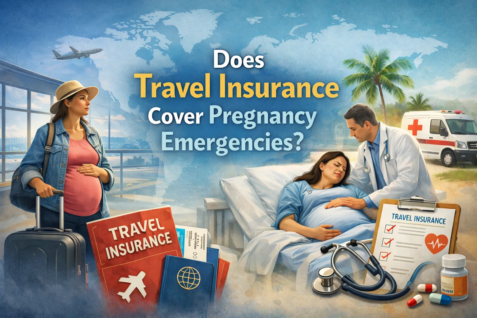 Banner image of a pregnant traveler and a hospital scene with the text ‘Does Travel Insurance Cover Pregnancy Emergencies?