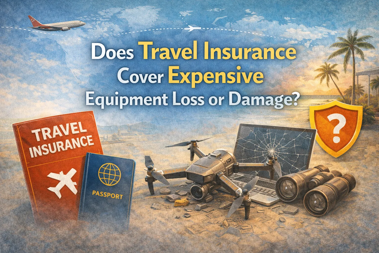 Travel insurance illustration showing damaged camera, laptop, and drone, highlighting coverage for expensive equipment loss or damage.