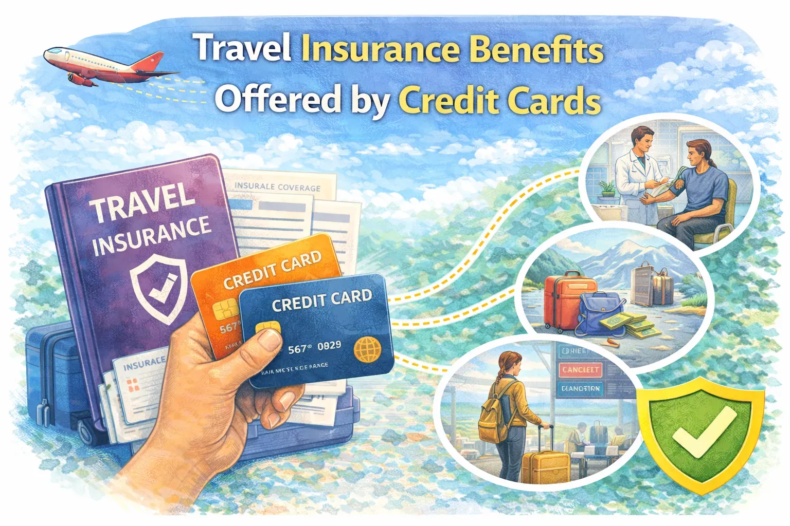 Credit card travel insurance illustration showing credit cards, travel insurance policy, medical care, luggage protection, and trip cancellation benefits.