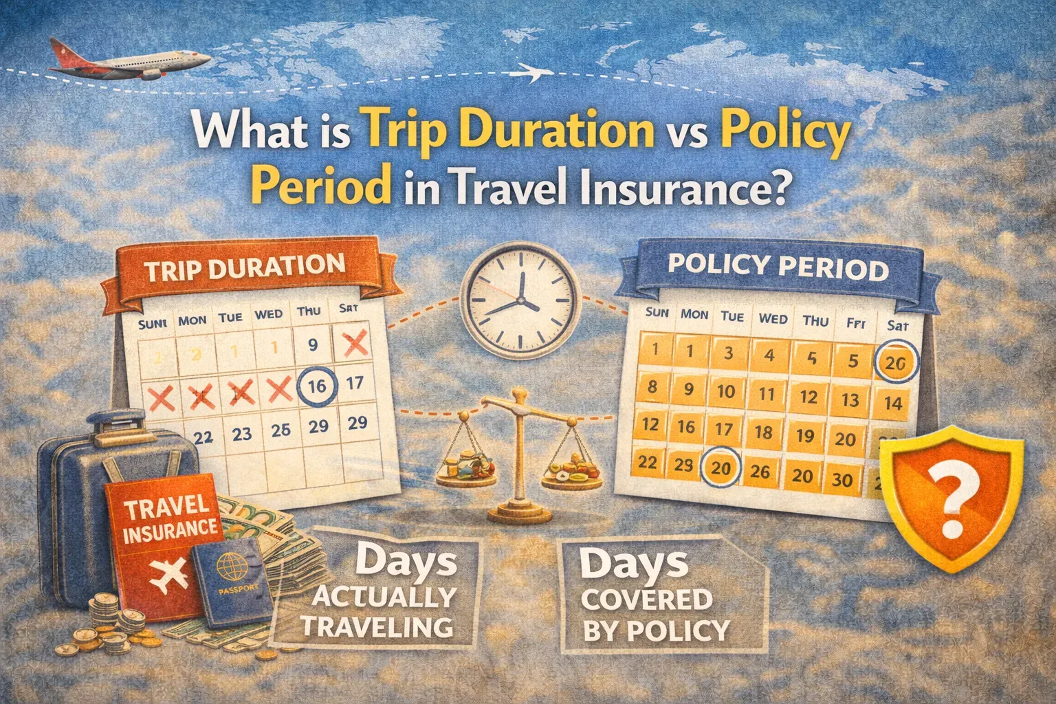 Travel insurance illustration comparing trip duration and policy period using calendars, luggage, and coverage icons