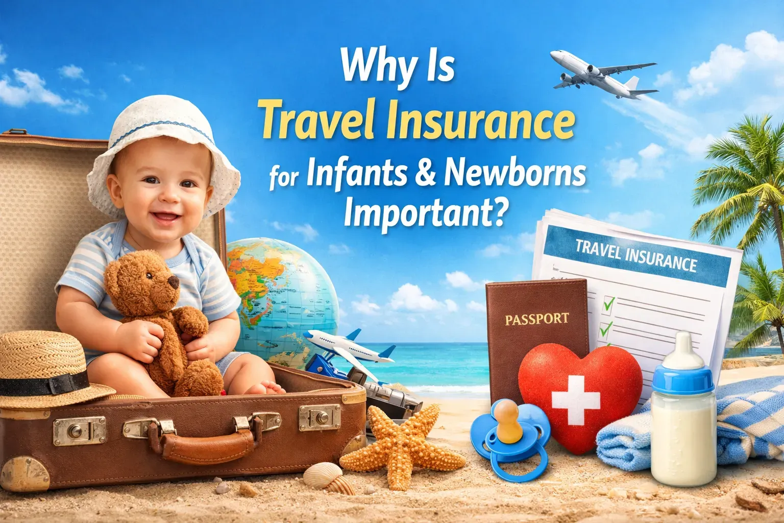Travel insurance illustration showing an infant in a car seat with passport, medical care icons, and safety shield, highlighting insurance importance for newborns.