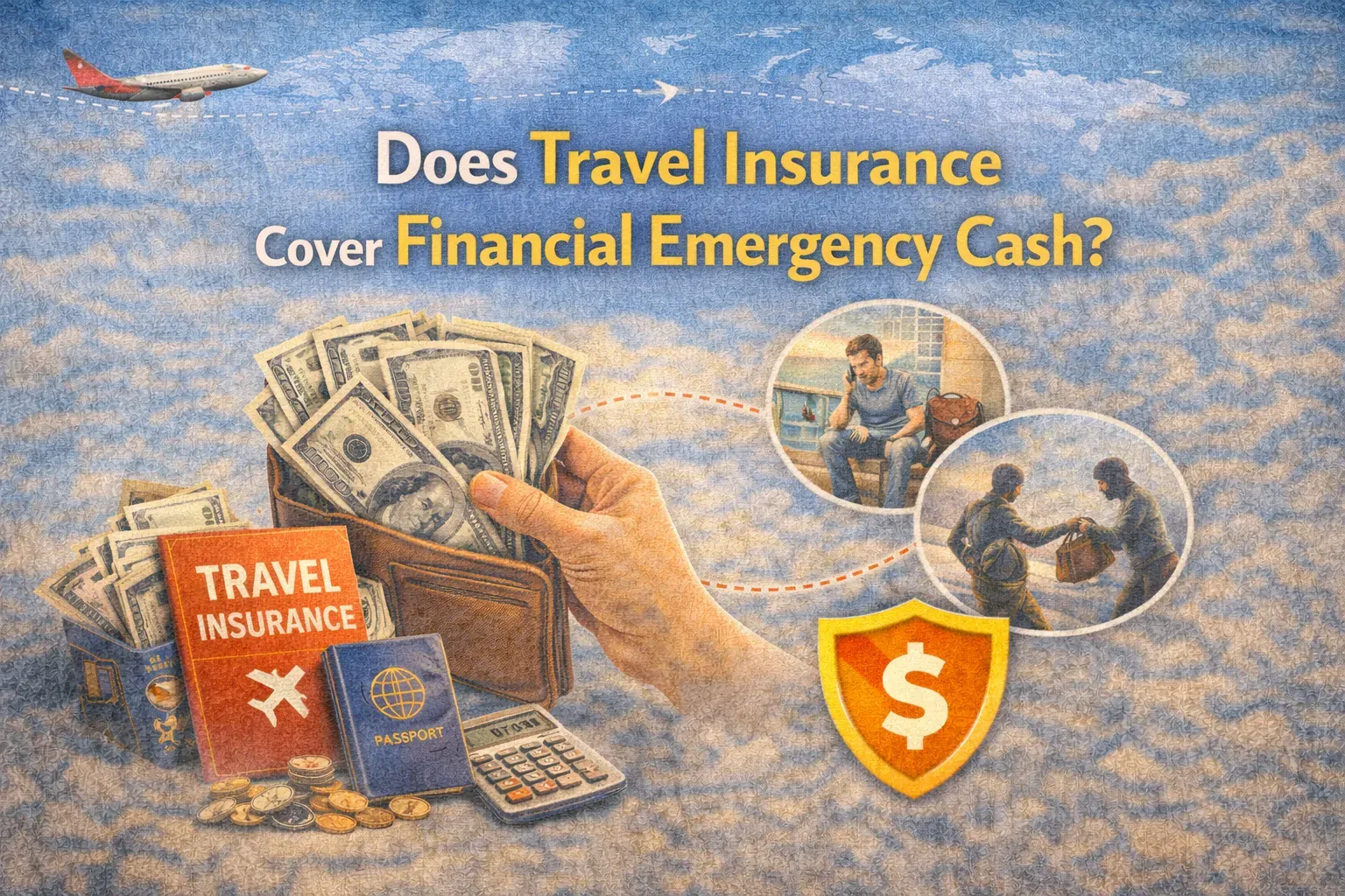 Travel insurance illustration showing emergency cash support with wallet, passport, stolen bag scenario, and financial protection shield.