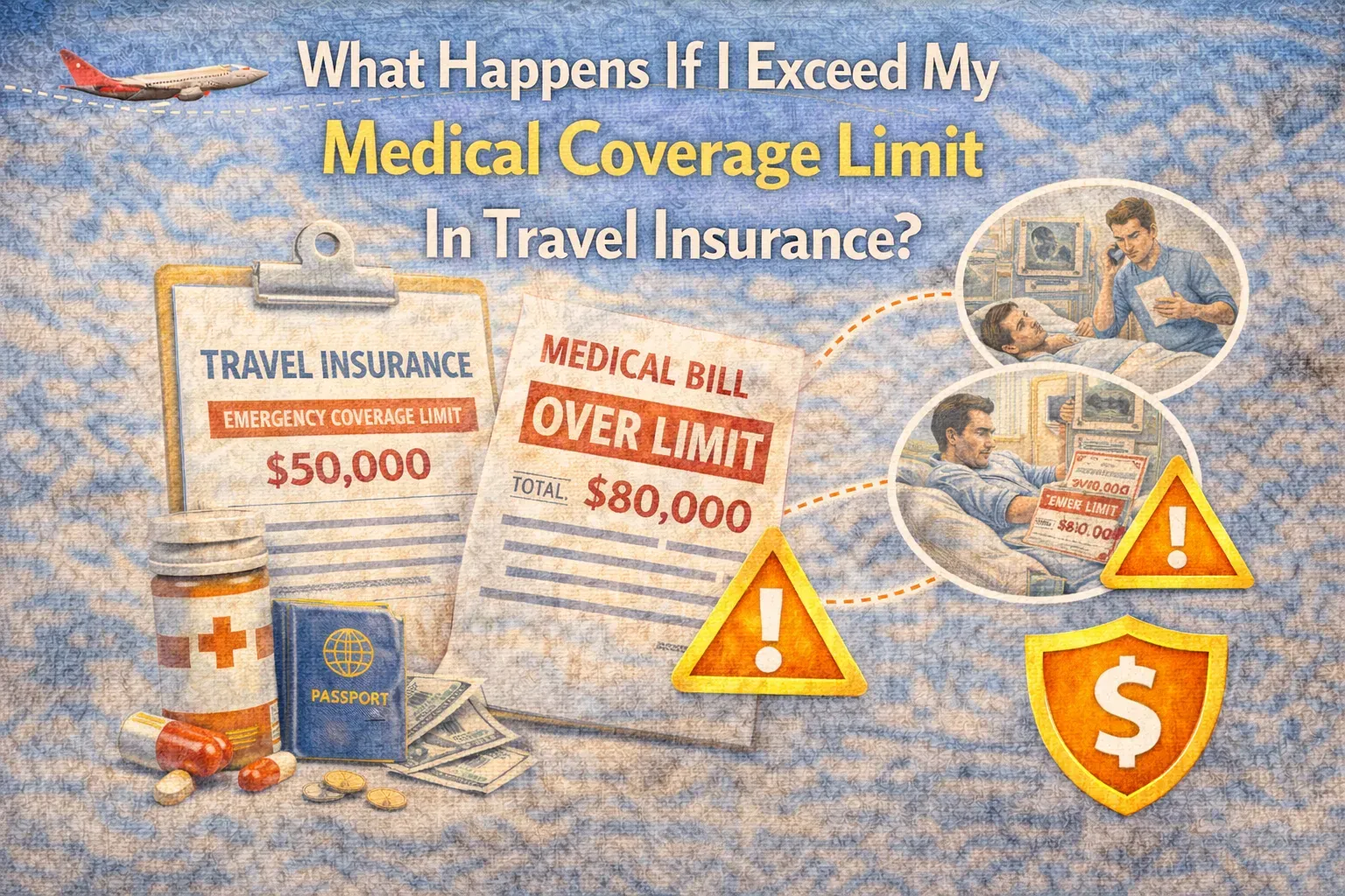 Travel insurance illustration showing medical bill exceeding coverage limit, hospital care, and out-of-pocket costs.