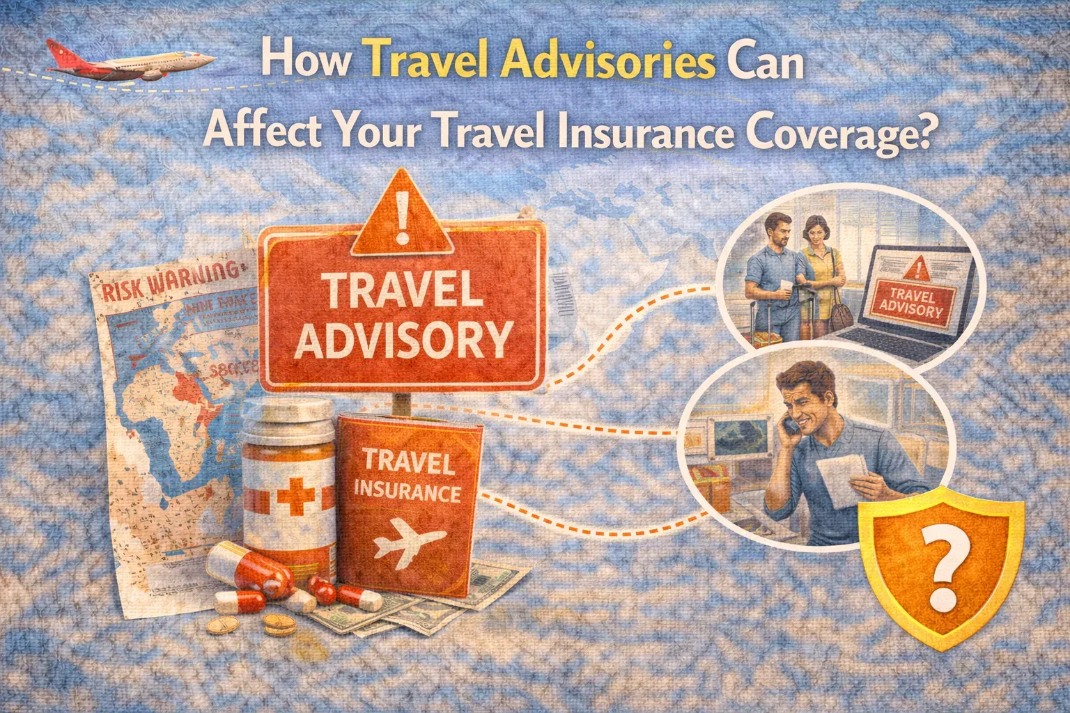 Travel advisory warning illustration showing passport, travel insurance policy, risk map, and travelers checking alerts affecting insurance coverage
