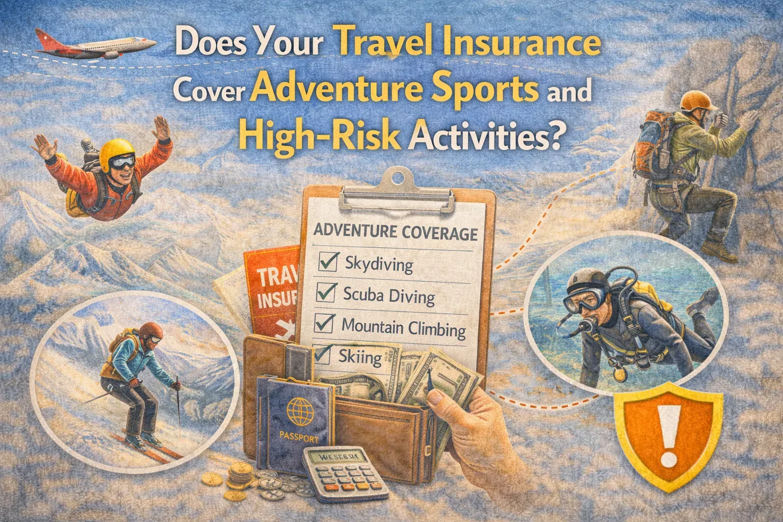Travel insurance coverage for adventure sports like skydiving, scuba diving, skiing, and mountain climbing, shown with policy checklist, passport, and safety icons