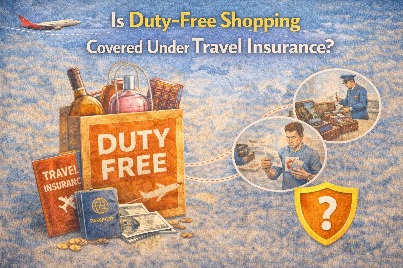 Duty-free shopping illustration showing perfume, alcohol, passport, and travel insurance, explaining tax-free prices at airports