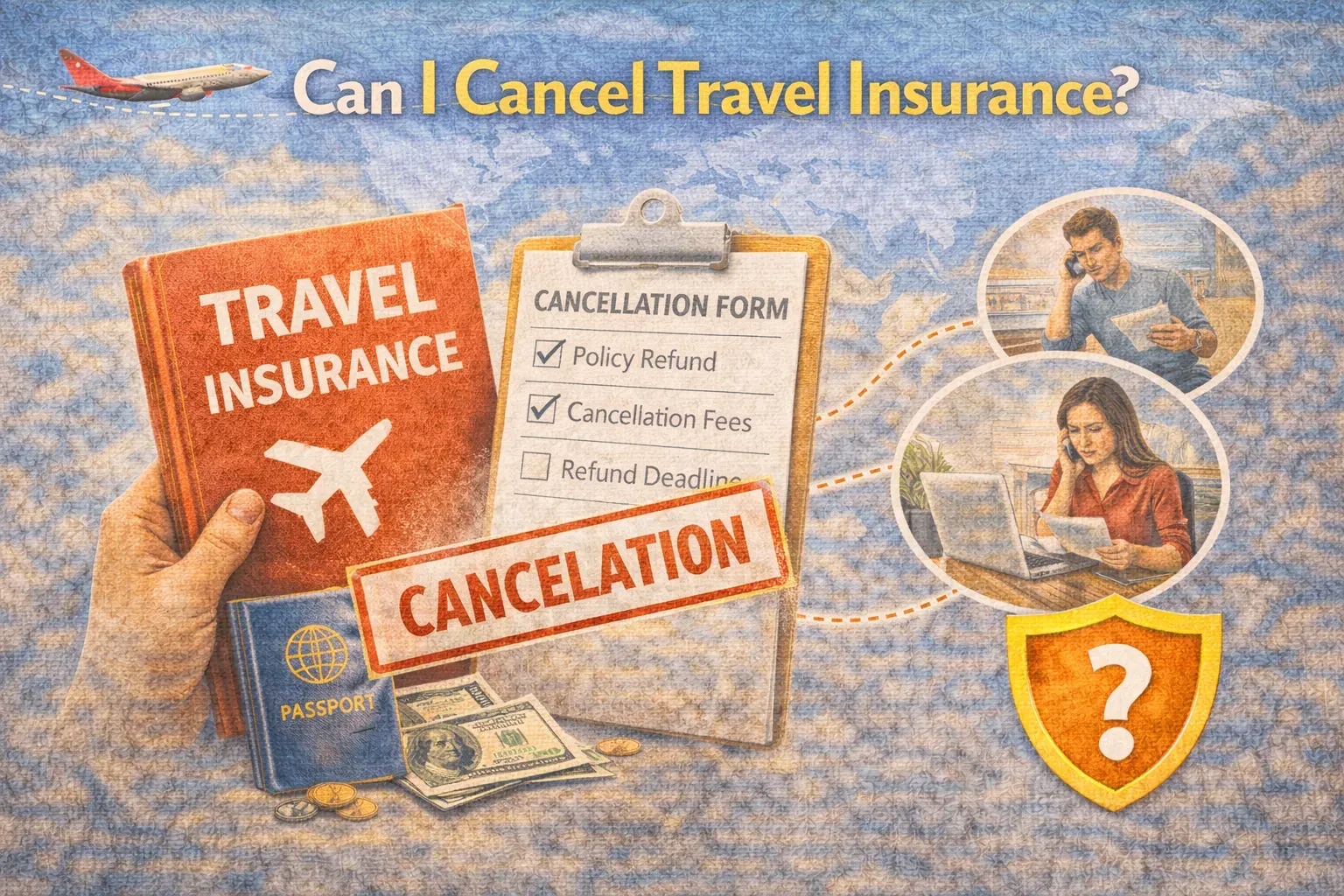 Travel insurance cancellation illustration showing policy booklet, cancellation form, refund checklist, and traveler deciding whether to cancel coverage.