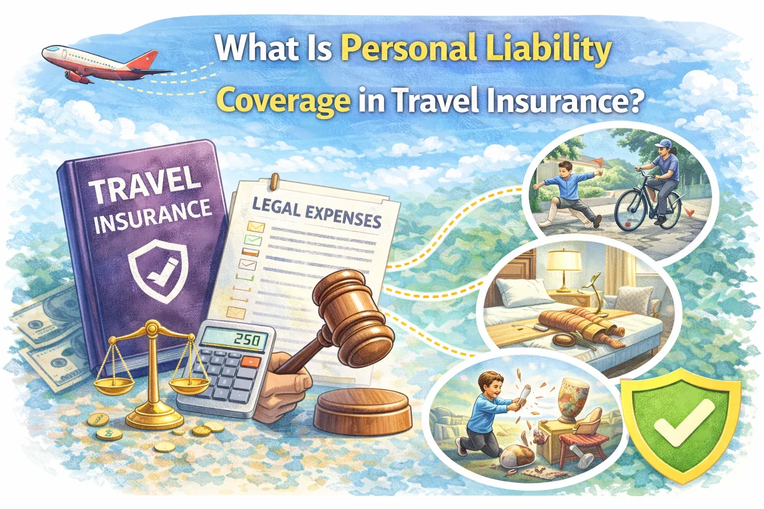 Personal liability travel insurance illustration showing legal expenses, accidental injury, property damage, and financial protection while travelling