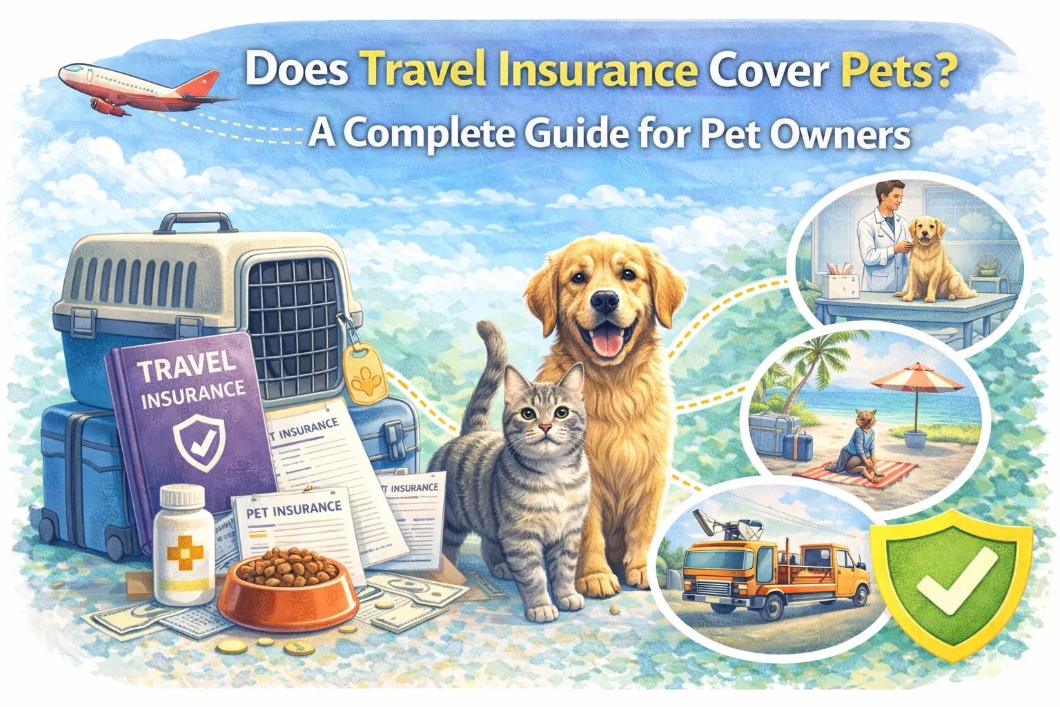 Travel insurance for pets illustration showing dog and cat with pet carrier, insurance documents, vet care, and travel protection icons.