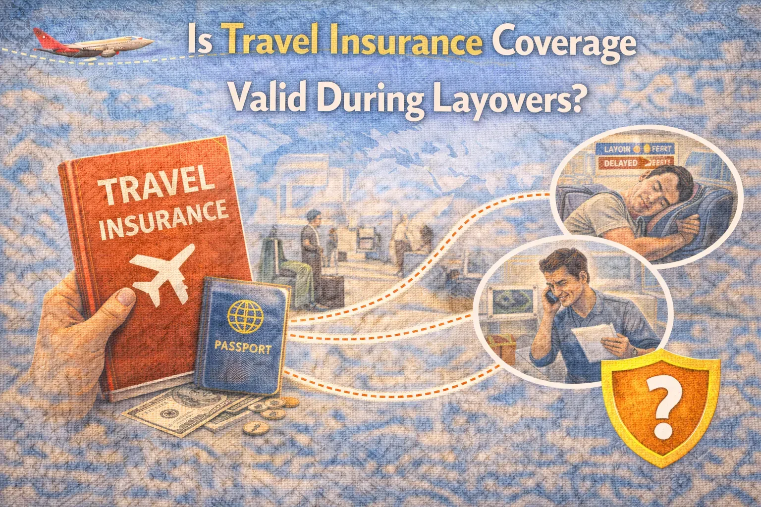 Travel insurance illustration showing passport, policy document, and travelers during airport layovers, explaining coverage validity during transit.