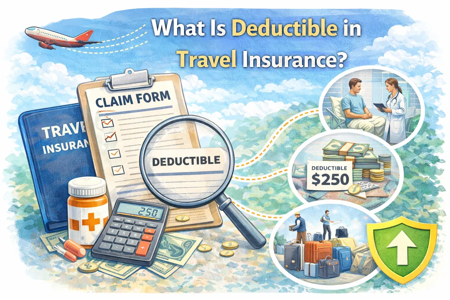 Travel insurance deductible illustration showing claim form, calculator, medical costs, and deductible amount explained visually.