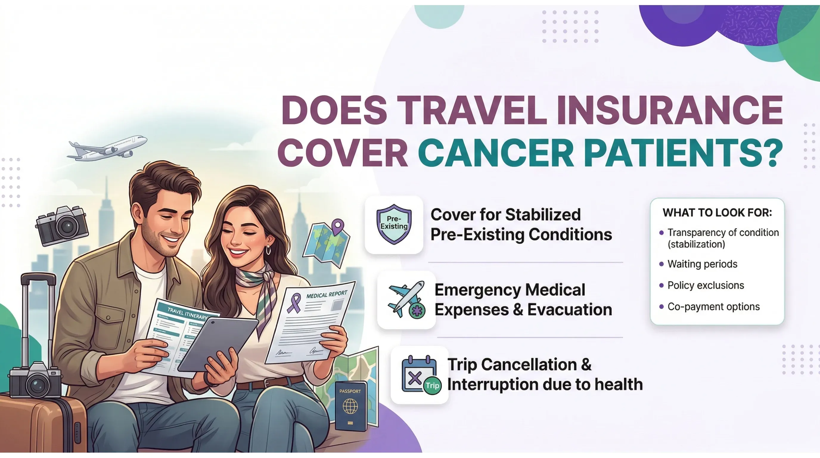 An infographic featuring a couple planning a trip with medical documents and a purple awareness ribbon, detailing travel insurance coverage for cancer patients including pre-existing conditions and emergency medical expenses.