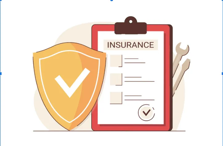 Illustration of an insurance document on a clipboard with a large shield and checkmark symbol, representing insurance protection, policy coverage, and financial security.