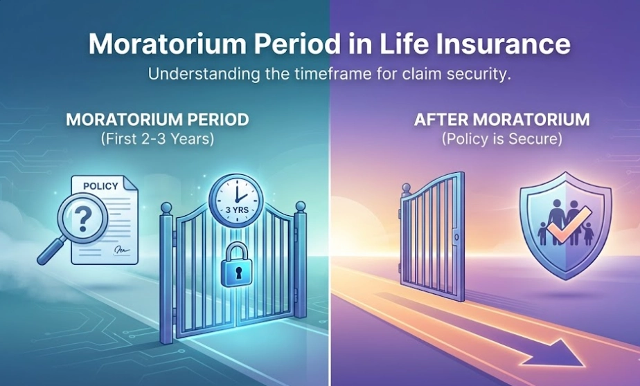 "Visual guide explaining the life insurance moratorium period timeline, from initial claim scrutiny to final policy security for the family."