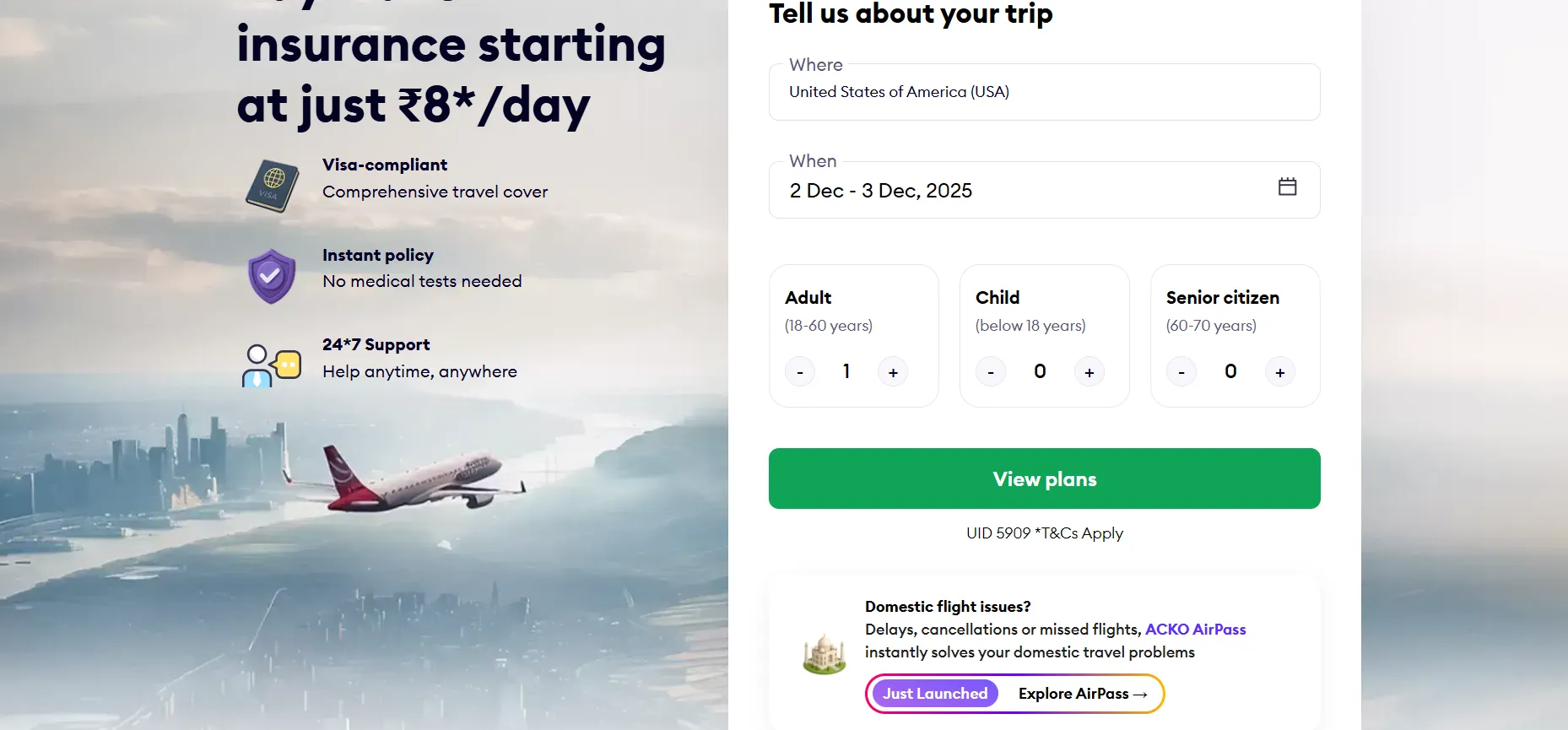 Select destination, travel dates and traveller information