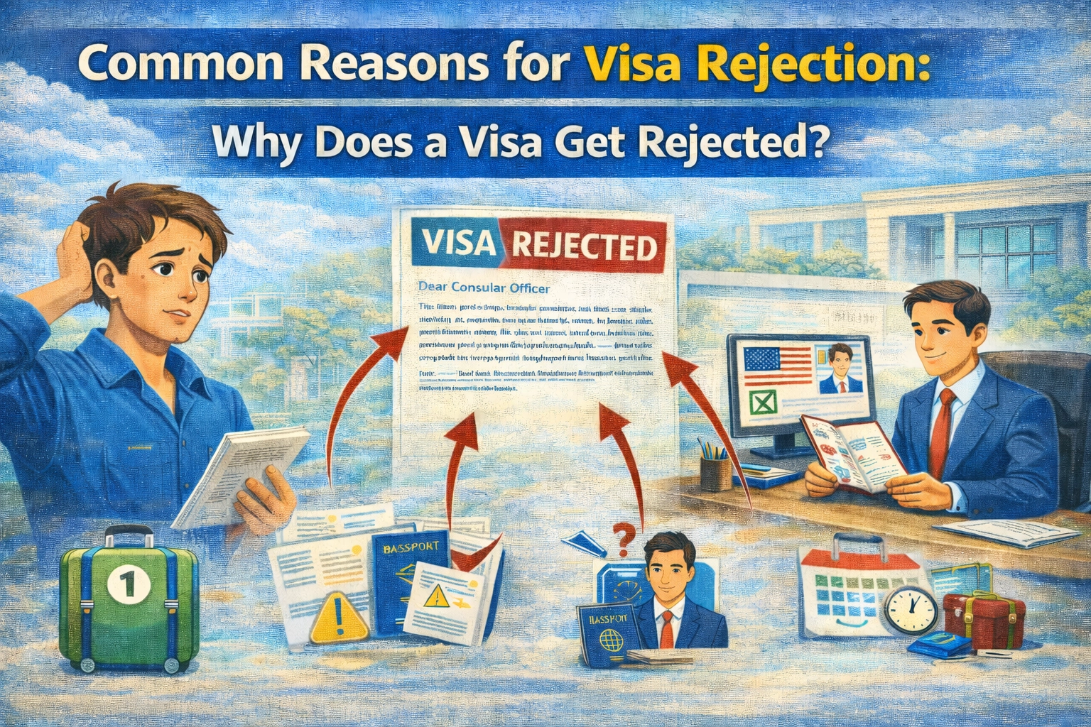 Illustration showing a worried traveler holding a visa rejection letter while a consular officer reviews documents, representing common reasons for visa rejection.