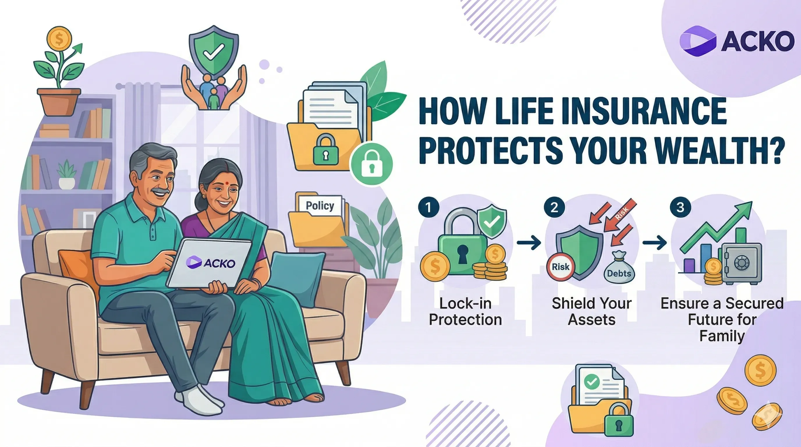 Gemini said An illustration in ACKO’s signature brand style, featuring a happy middle-aged Indian couple sitting on a sofa and looking at a tablet together showing the ACKO logo