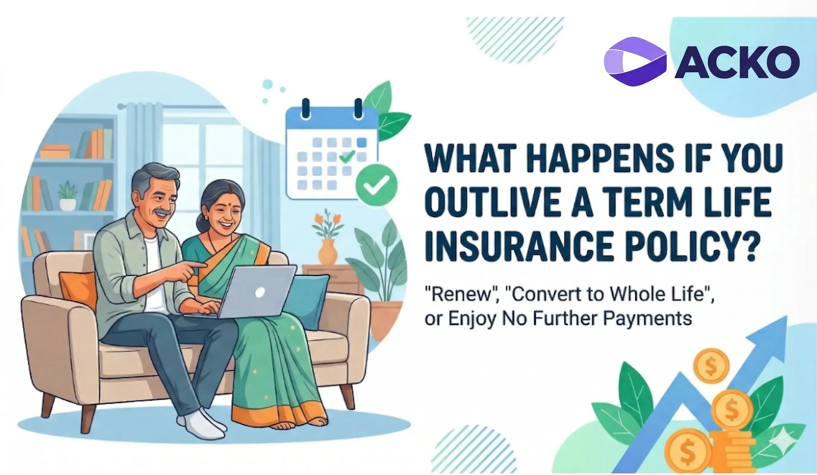 Gemini said An illustration in ACKO’s signature brand style, featuring a smiling middle-aged Indian couple sitting on a sofa and looking at a laptop together.
