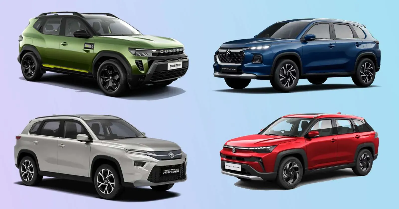 Renault Duster Hybrid vs Grand Vitara vs Urban Cruiser Hyryder vs Victoris: Specifications Comparison