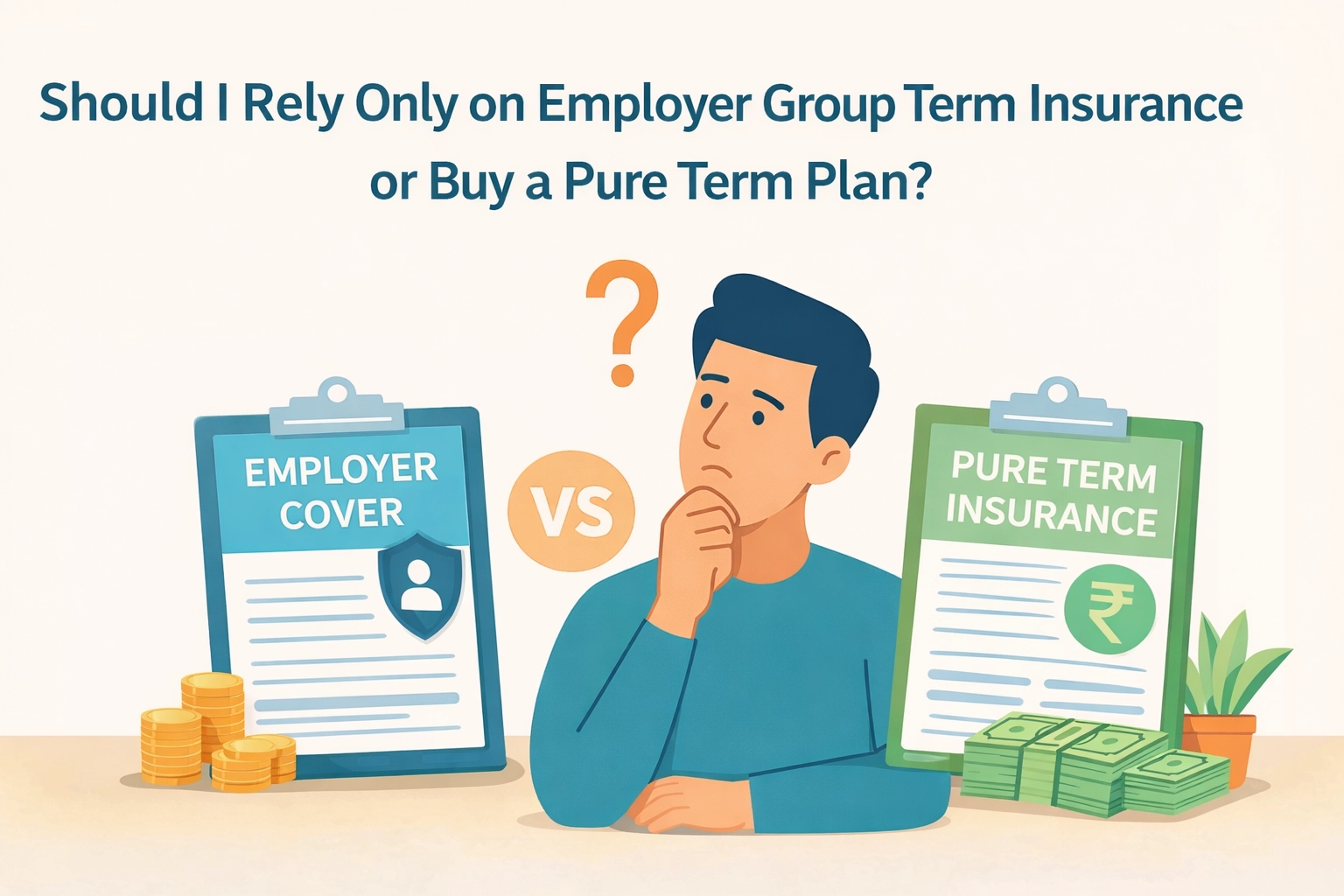 Illustration of a man comparing employer group term insurance and a pure term plan, shown with two clipboards labeled “Employer Cover” and “Pure Term Insurance” and a question mark above, representing a choice between insurance options.