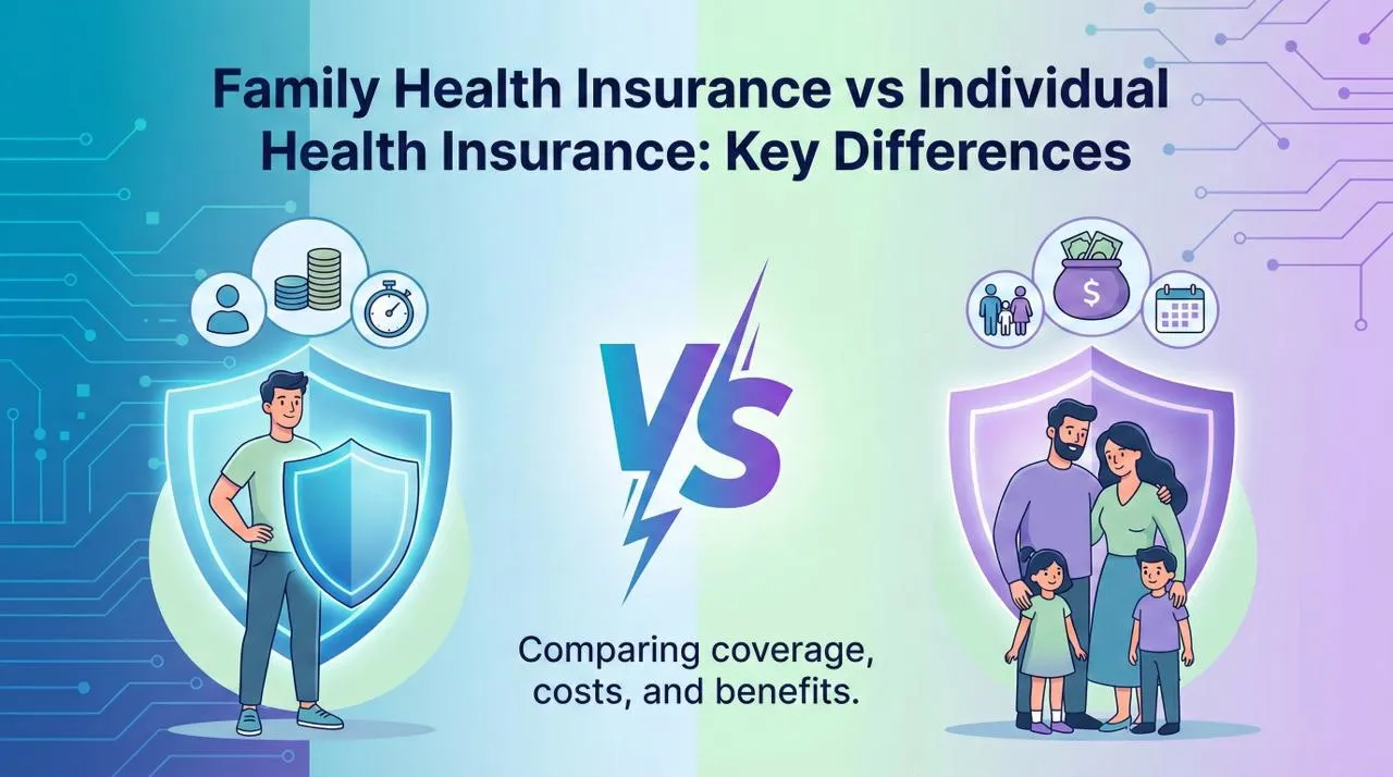 "Infographic illustrating the key differences between family health insurance and individual health insurance plans, comparing coverage, costs, and benefits."