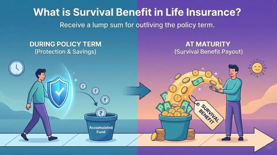 "Visual guide for a blog post definining Survival Benefit, illustrating how policyholders receive a lump sum payout for outliving the insurance policy term."