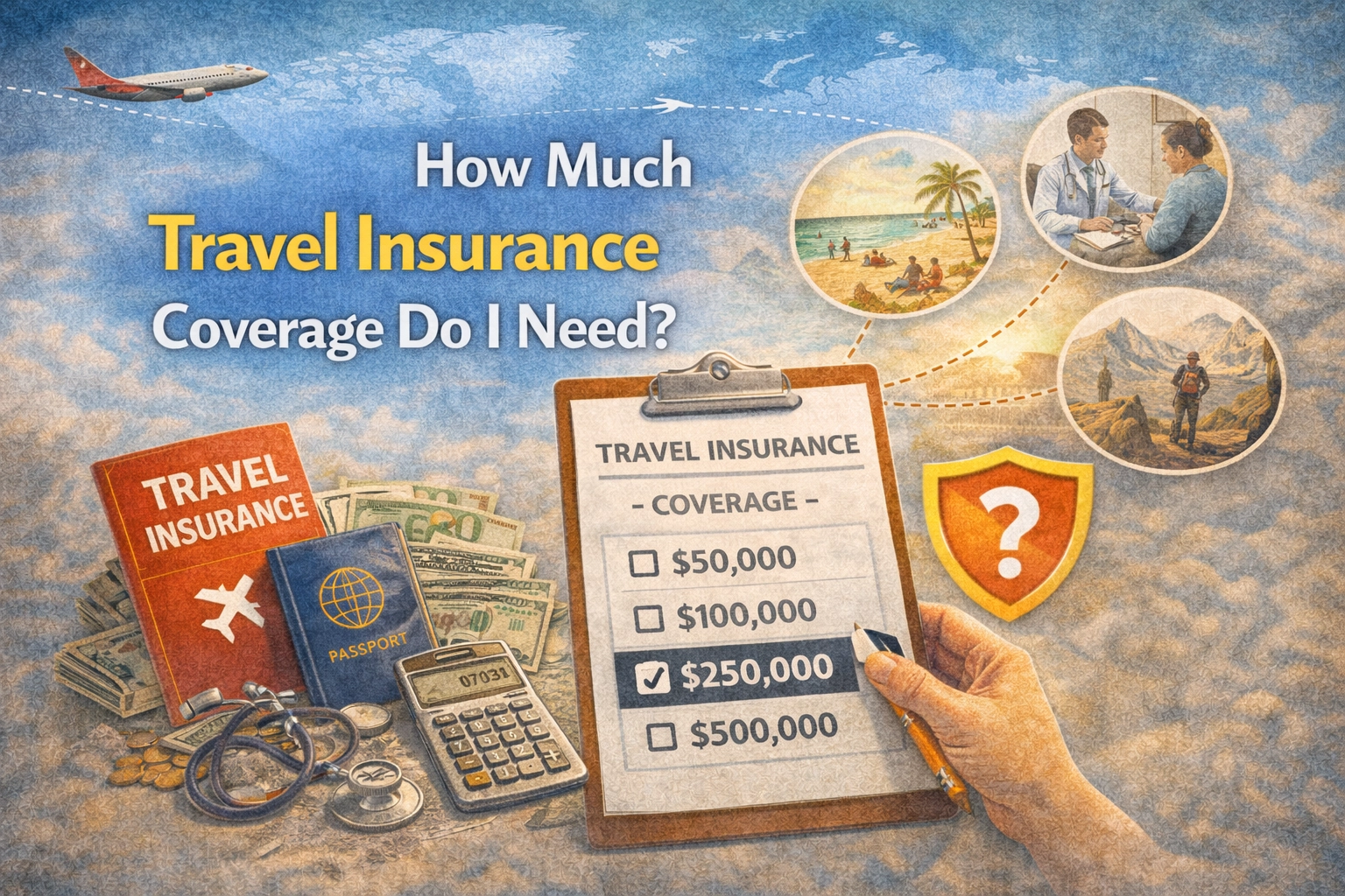 How much travel insurance coverage do I need illustration showing passport, medical costs, and coverage options