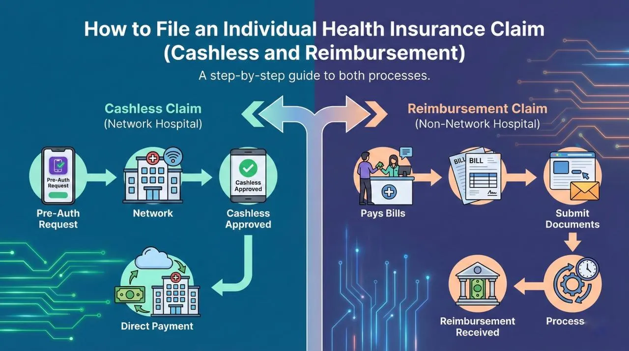 "Feature image for a guide on how to file an individual health insurance claim, covering both cashless and reimbursement procedures."