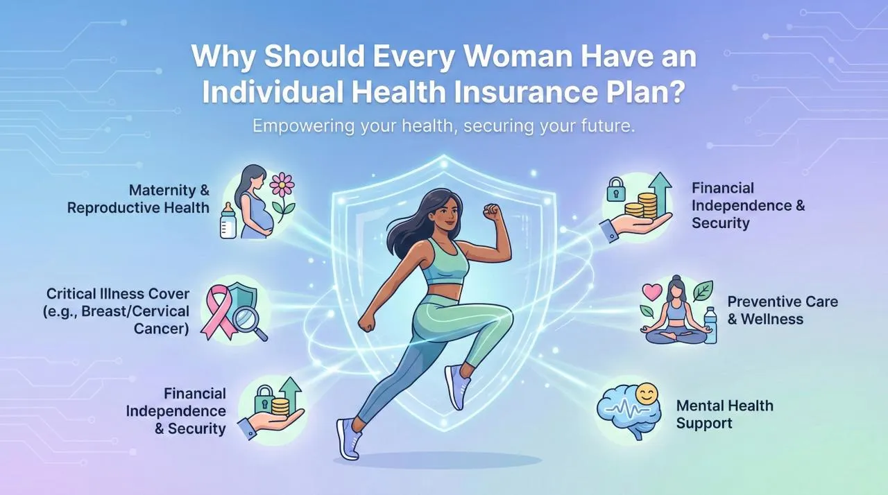 "Feature image showing the benefits of individual health insurance for women, including maternity coverage and critical illness protection."