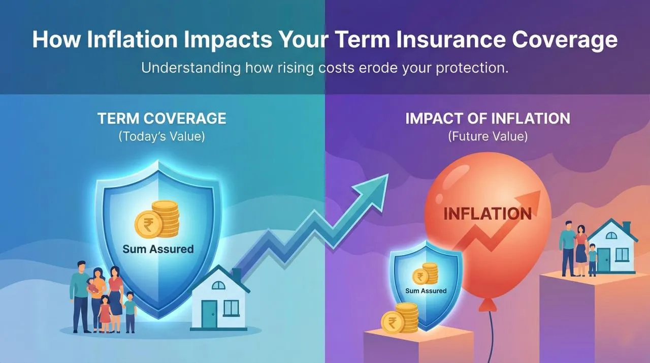 "Visual guide for a blog post explaining how inflation affects your term life insurance policy and why your current coverage might not be enough for the future."