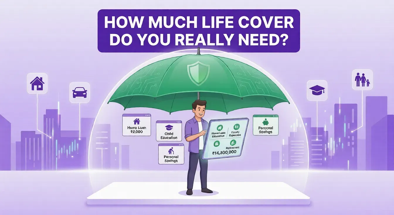 An illustration for an article titled 'How Much Life Cover Do You Really Need?' shows a friendly, smiling young father/man standing centrally on a glowing white platform, interacting with a sleek, floating digital tablet display.