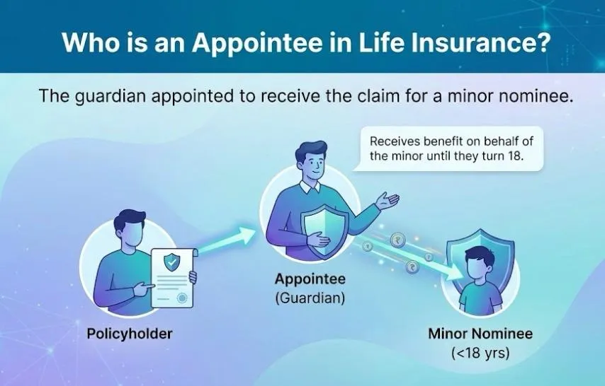 Feature image for the blog post titled "Who is an Appointee in Life Insurance?", illustrating a diagram where a Policyholder designates