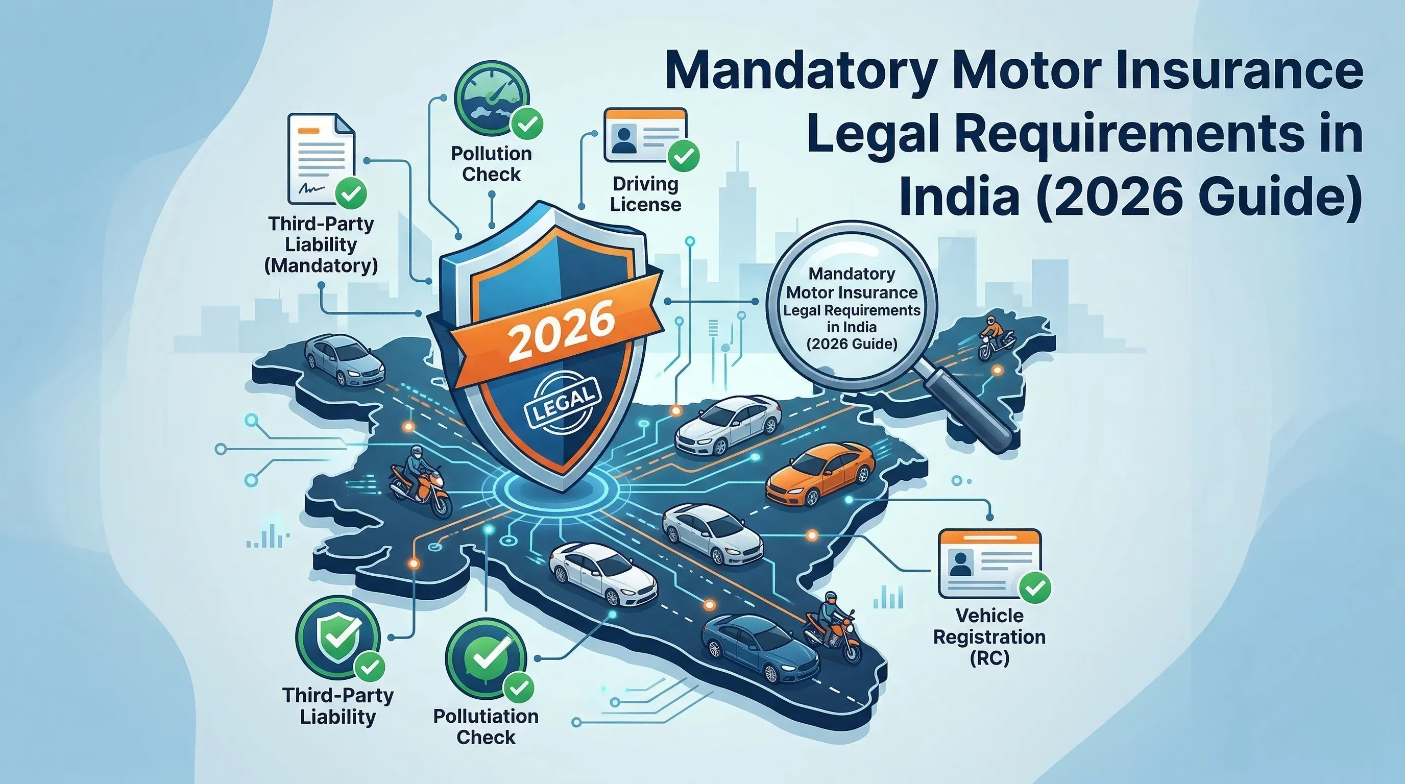 Minimalist Acko branded banner for Mandatory Motor Insurance Legal Requirements in India (2026 Guide) featuring a purple theme with car and bike icons