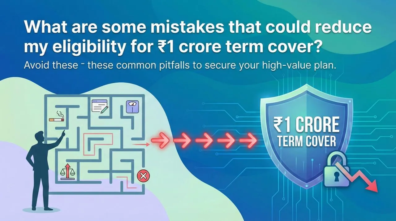"Feature image highlighting common mistakes that can lower your eligibility for a high-value ₹1 crore term insurance plan."