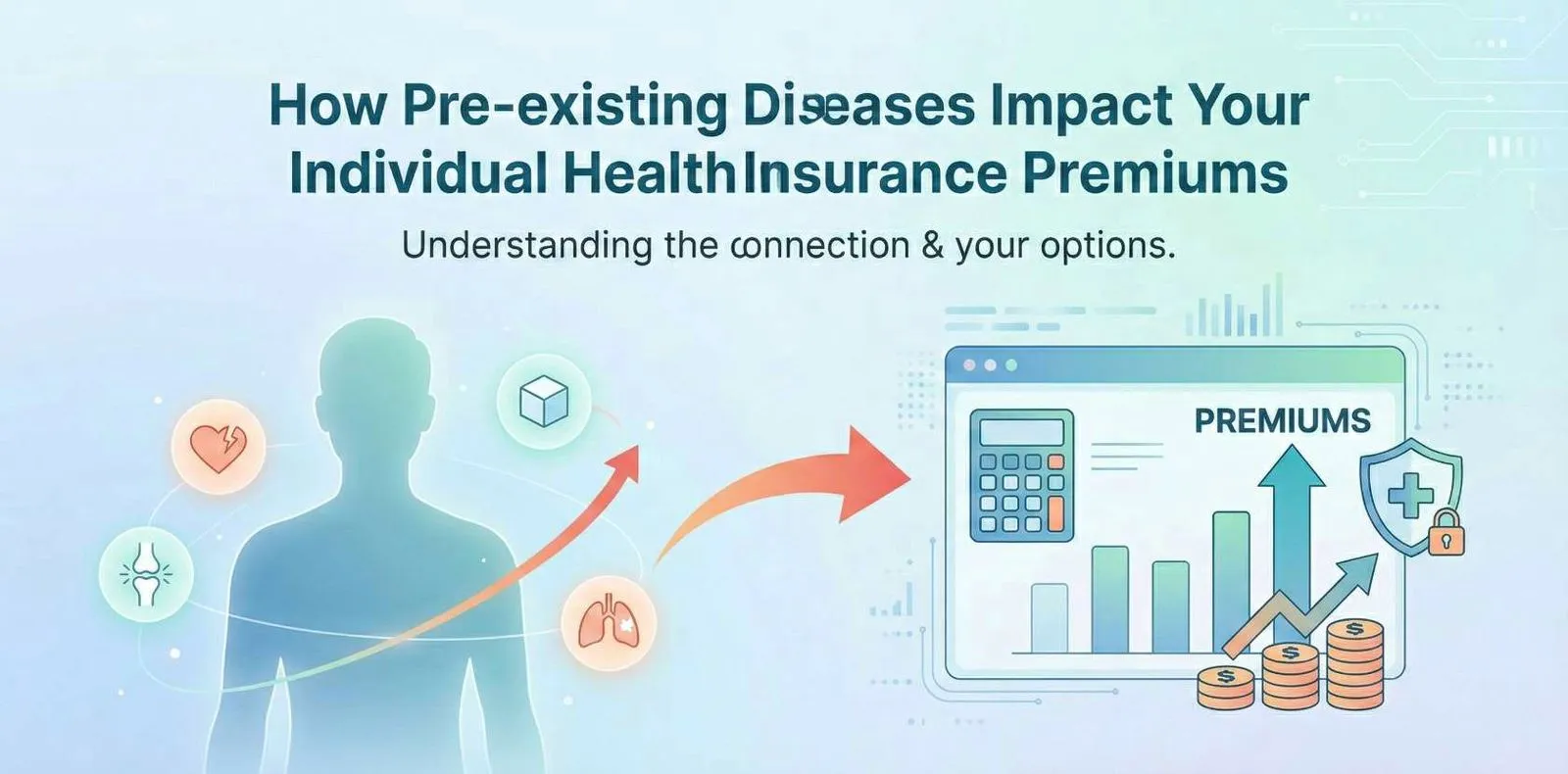 "Illustration showing the impact of pre-existing diseases on individual health insurance premiums, featuring a human silhouette with health icons connected to a rising cost graph."