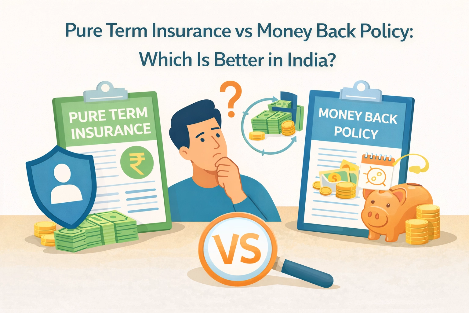 Infographic comparing pure term insurance and money back policy in India, showing protection with a shield on one side and savings with a piggy bank and calendar on the other, highlighting a decision between insurance and returns.