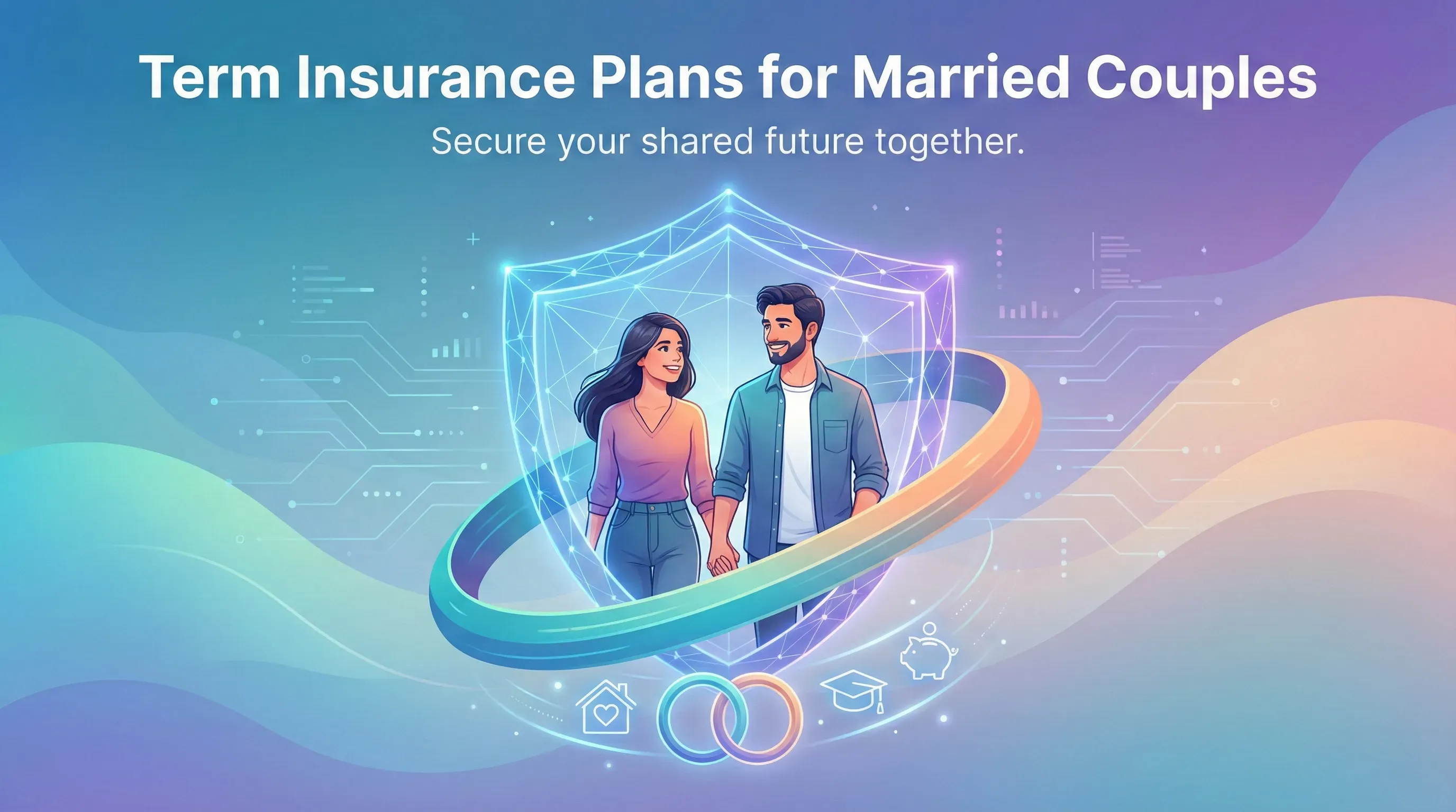 It shows a smiling couple inside a protective digital shield and ring, symbolizing shared financial security for their future.