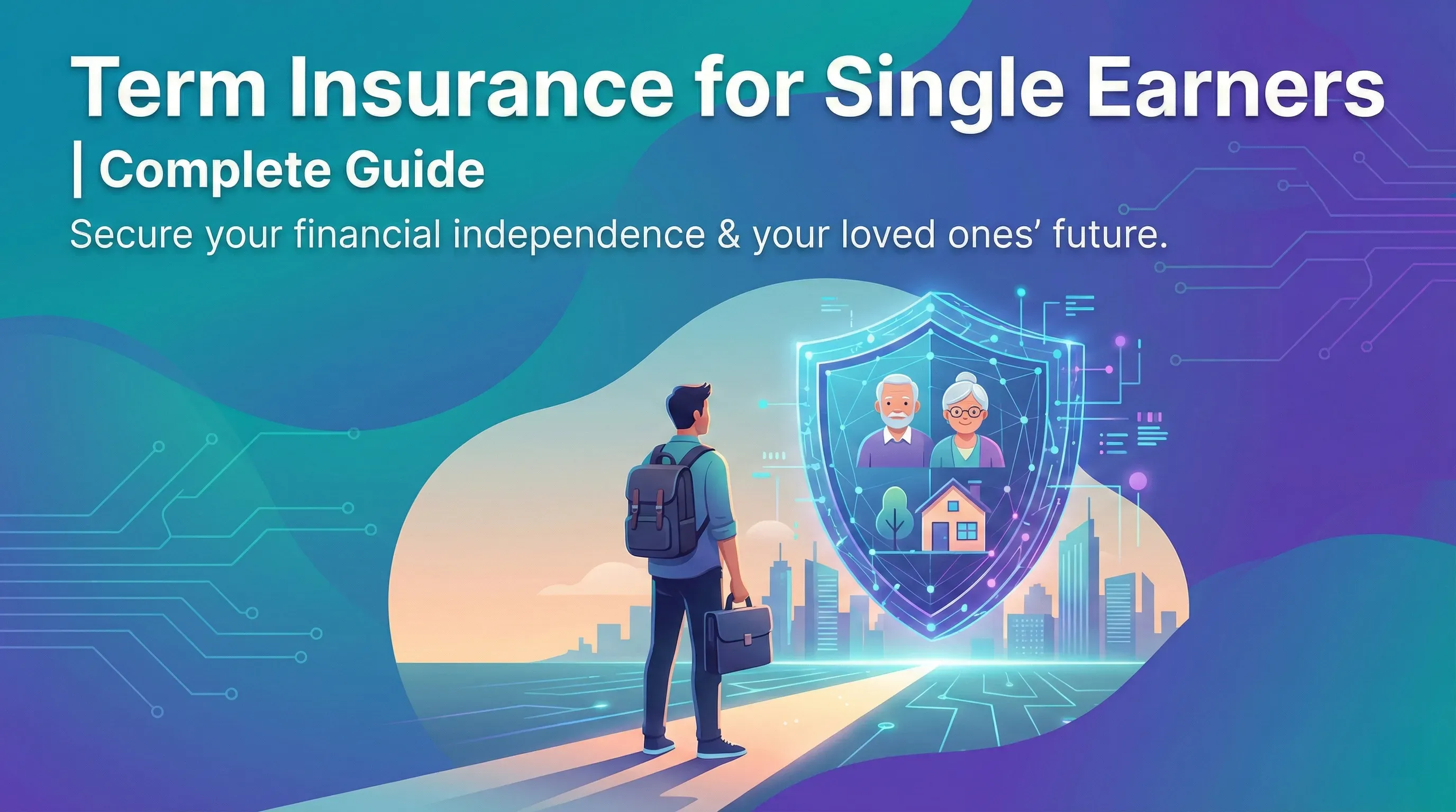 Complete Guide' blog post, illustrating a man on a digital path securing his parents and home with a protective insurance shield.