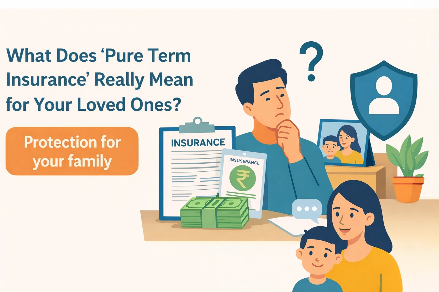 Illustration showing a man thoughtfully reviewing term insurance documents at a desk, with a shield icon symbolizing protection and a family (woman and child) nearby, representing how pure term insurance financially protects loved ones.